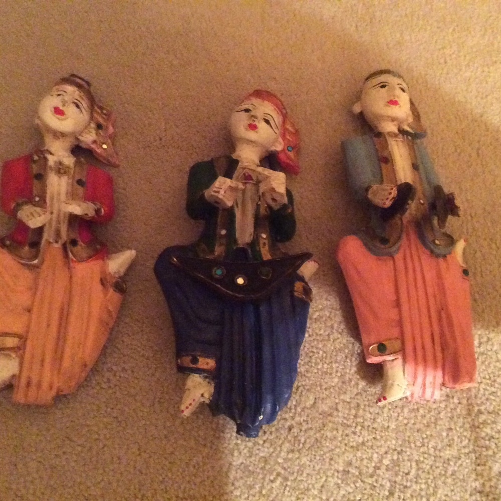3 Vintage Hand Carved Thai Wooden Musicians Wall Hangings Made In Thailand